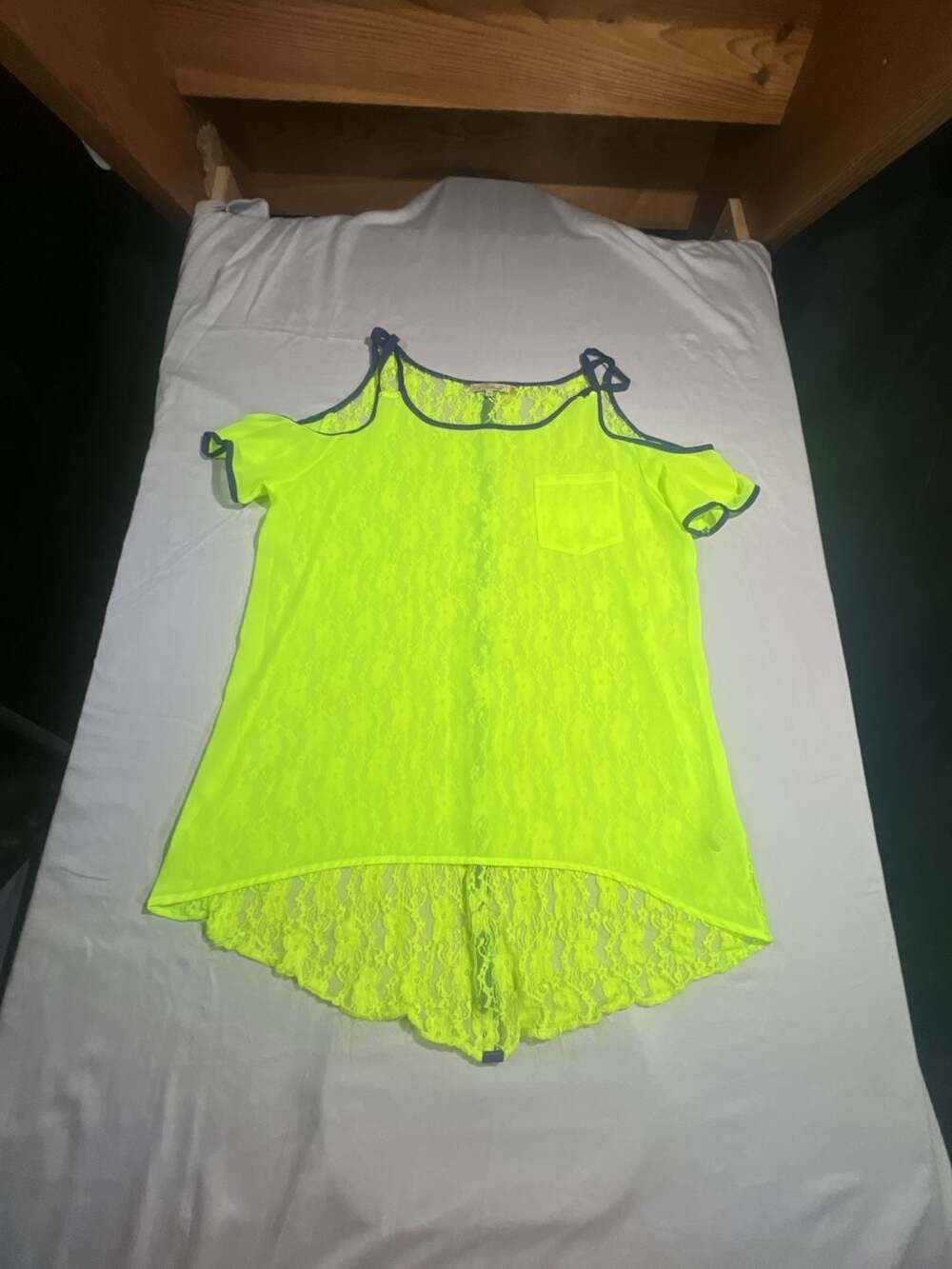 Cecico Neon Lime Lace Cold Shoulder Tunic Top with Back Button Detail